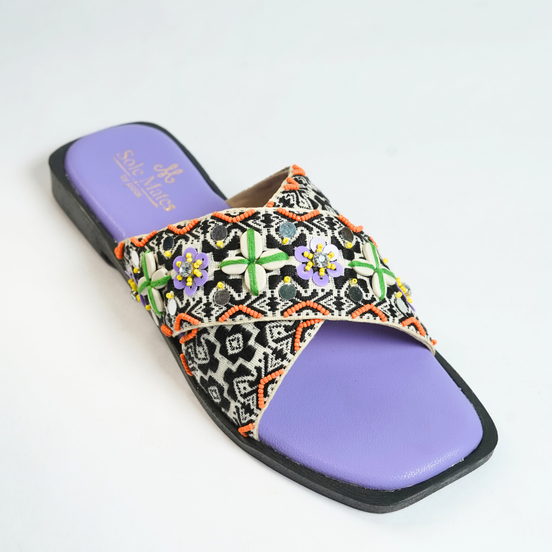 Malibu Criss Cross Flat Sliders front angle — tribal ikat criss cross strap with cowrie shells and lavender insole by Solemates by Palak