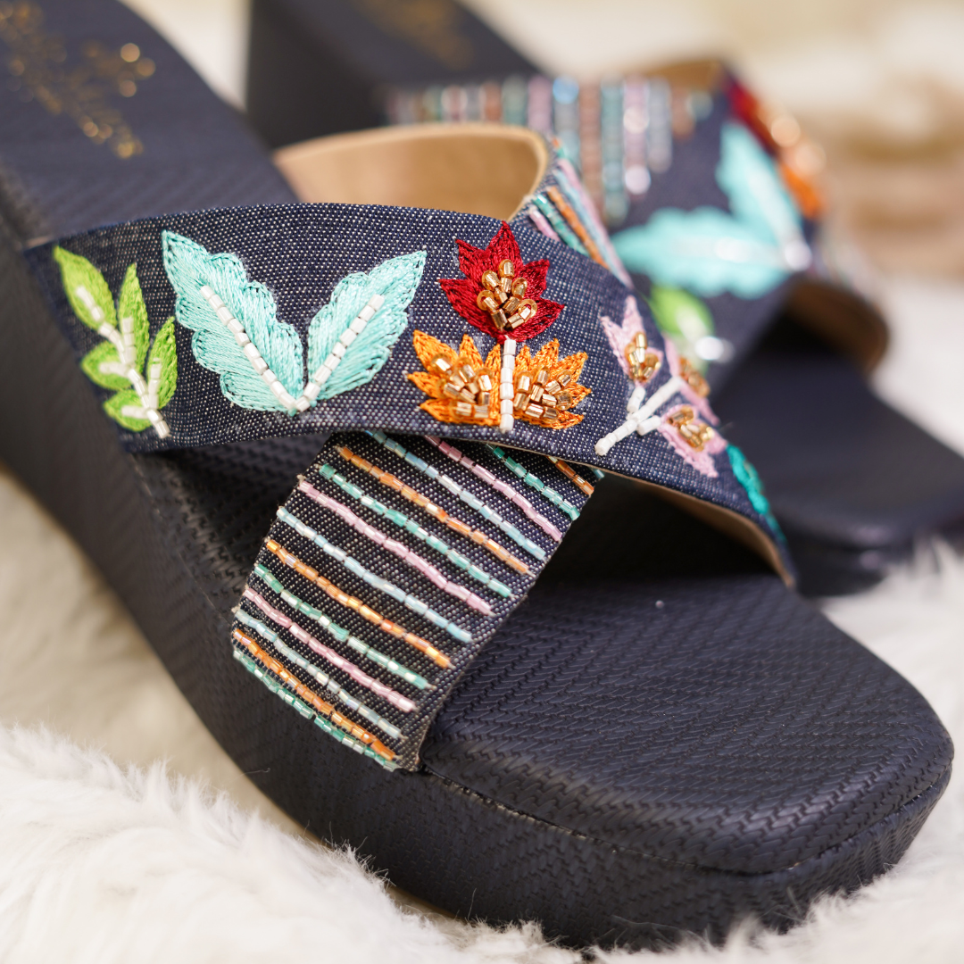 Wild Flower Wedge Heels close-up — hand embroidered teal leaves, red and orange flowers with gold bead work by Solemates by Palak