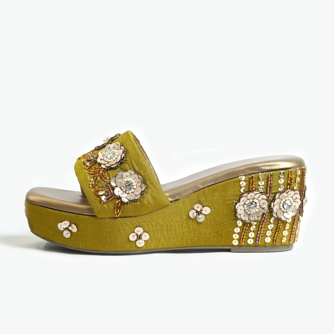 Mumtaz Wedge Heels side view — chartreuse green raw silk with sequin flower embellishment and gold bead detailing on wedge by Solemates by Palak
