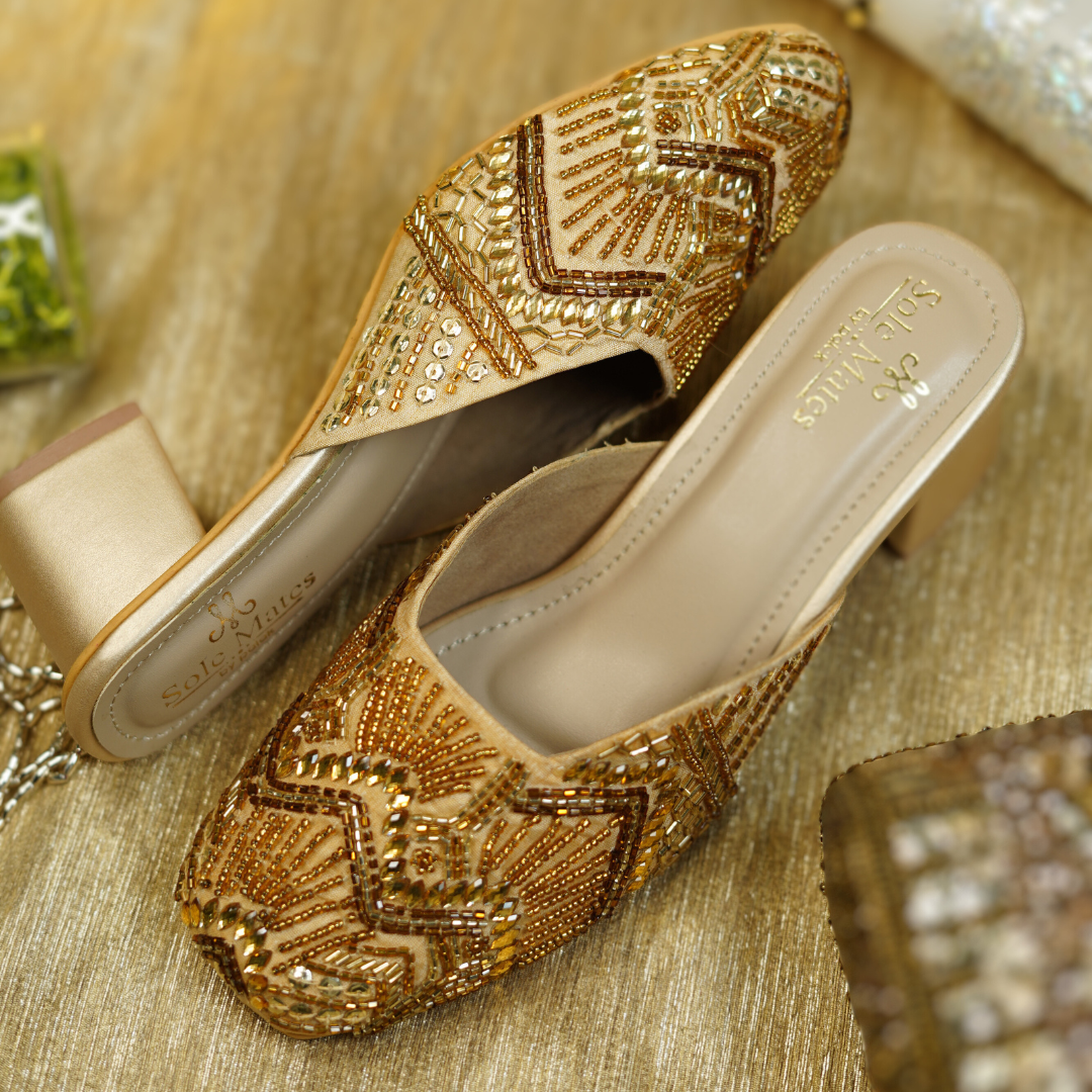 Shyna Mule Heels top view — dense gold bead and sequin embellishment in geometric pattern by Solemates by Palak