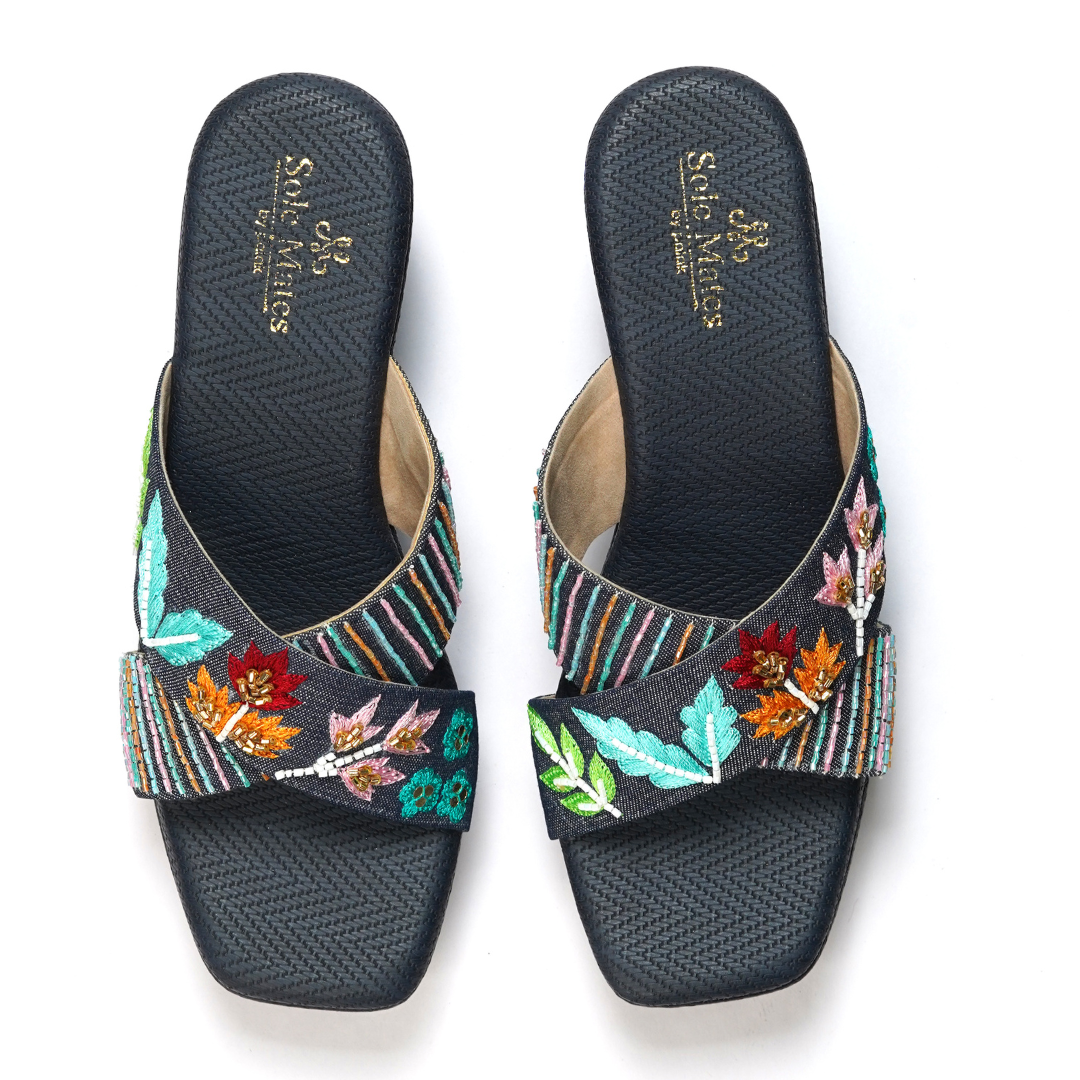 Wild Flower Wedge Heels top view — full pair showing multicolour hand embroidered botanical straps with 
Solemates by Palak branded insole