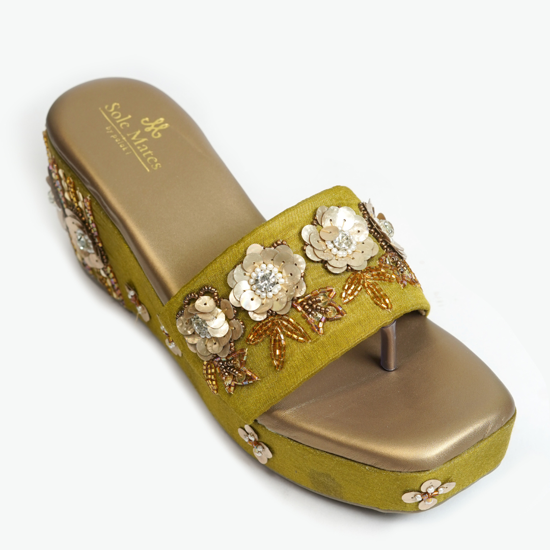 Mumtaz Handcrafted Wedge Heels front angle — wide strap with rose gold sequin flowers and crystal centres by Solemates by Palak