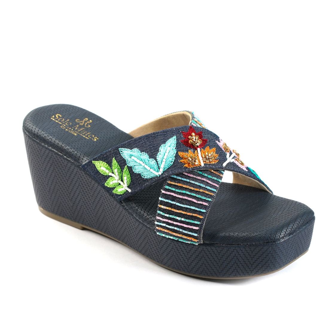 Wild Flower Handcrafted Wedge Heels side view — navy denim embroidered criss cross strap on navy wedge sole by Solemates by Palak