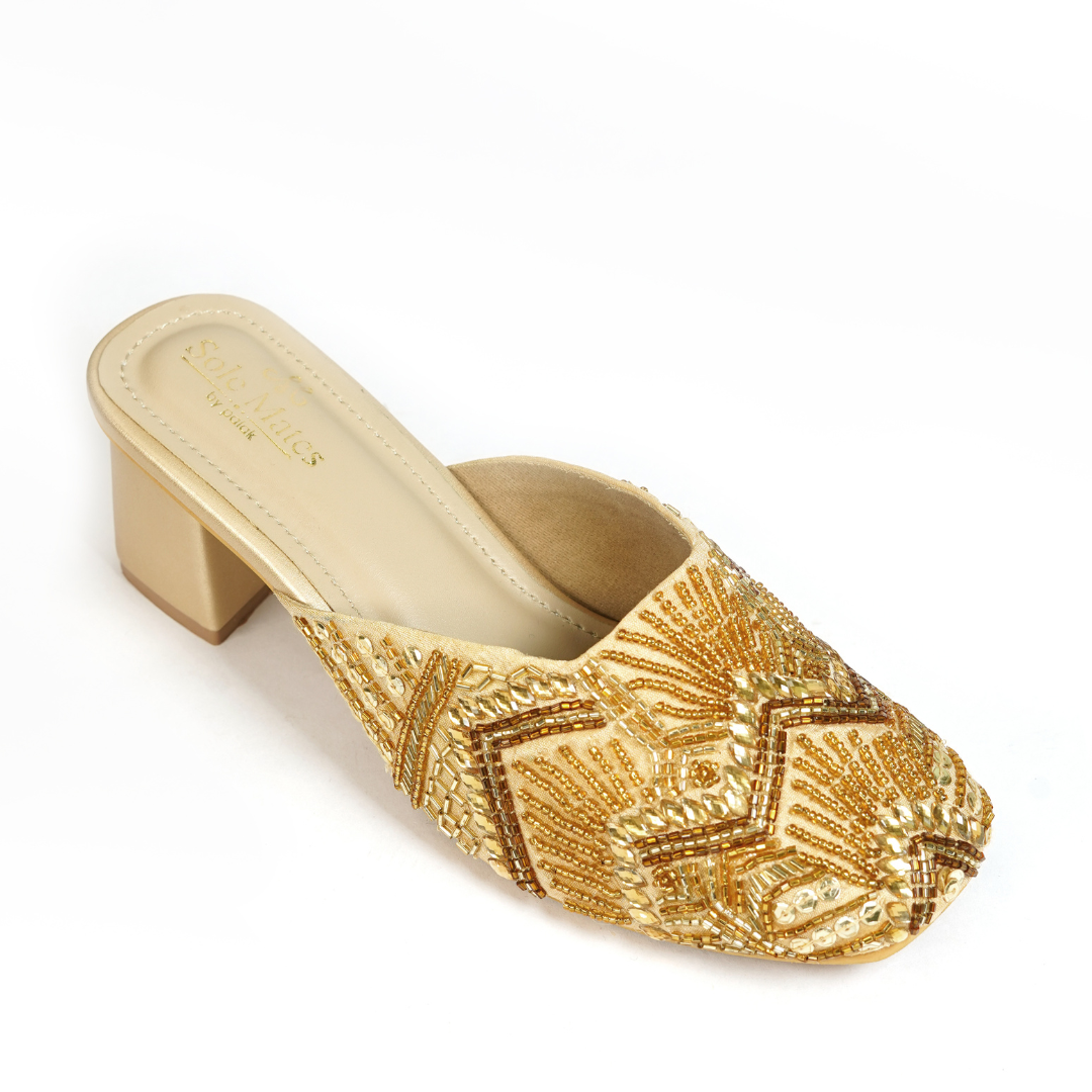 Shyna Gold Mule Heels front angle — closed toe gold beaded upper with block heel by Solemates by Palak
