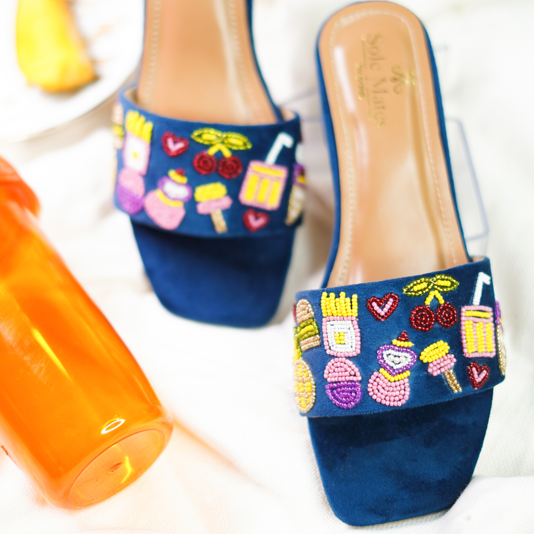 Beach Babes Bead Embroidered Block Heel Sliders close-up — royal blue suede with summer motif seed bead embroidery by Solemates by Palak