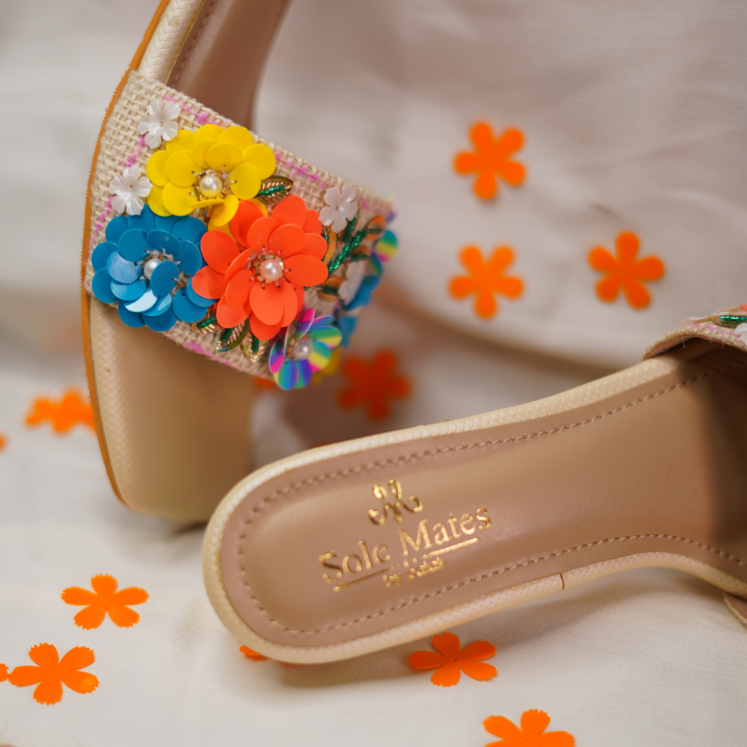 Desert Blossom Sliders detail view — 3D sequin flowers with pearl and green bead embroidery, Solemates by Palak 
branded insole