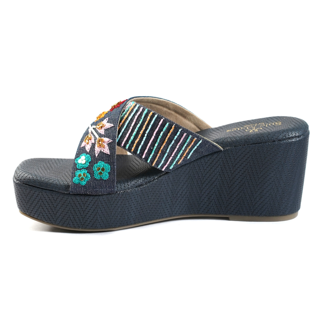 Wild Flower Handcrafted Wedge Heels side view — navy denim embroidered criss cross strap on navy wedge sole by Solemates by Palak