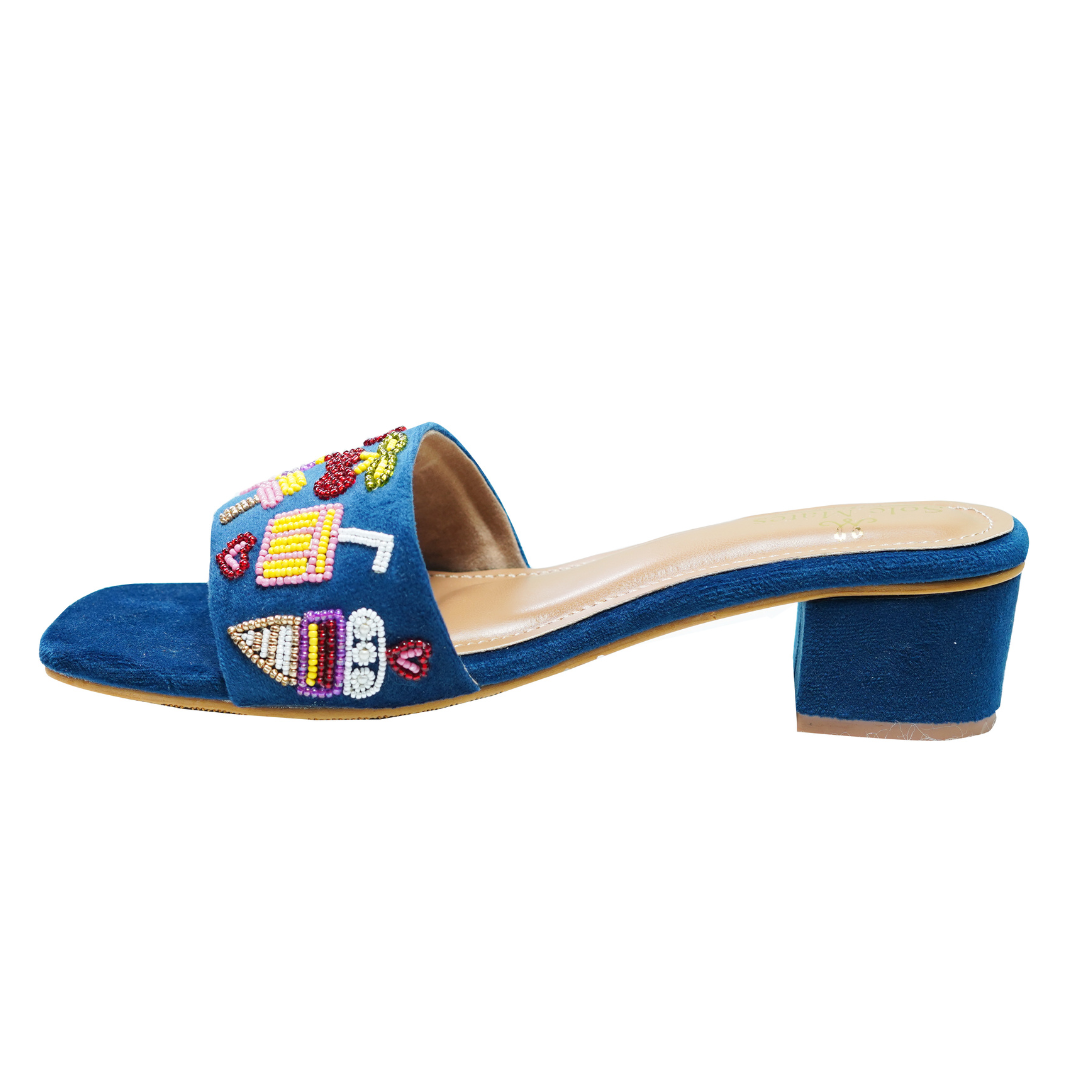 Beach Babes Block Heel Sliders side view — royal blue suede with hand-embroidered seed bead artwork by Solemates by Palak
