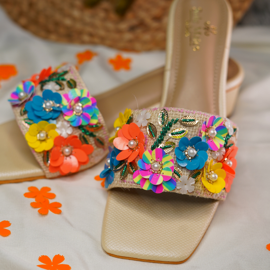 Desert Blossom 3D Floral Heel Sliders flat lay — multicolour sequin flower appliqués with pearl centres on nude jute strap by Solemates by Palak