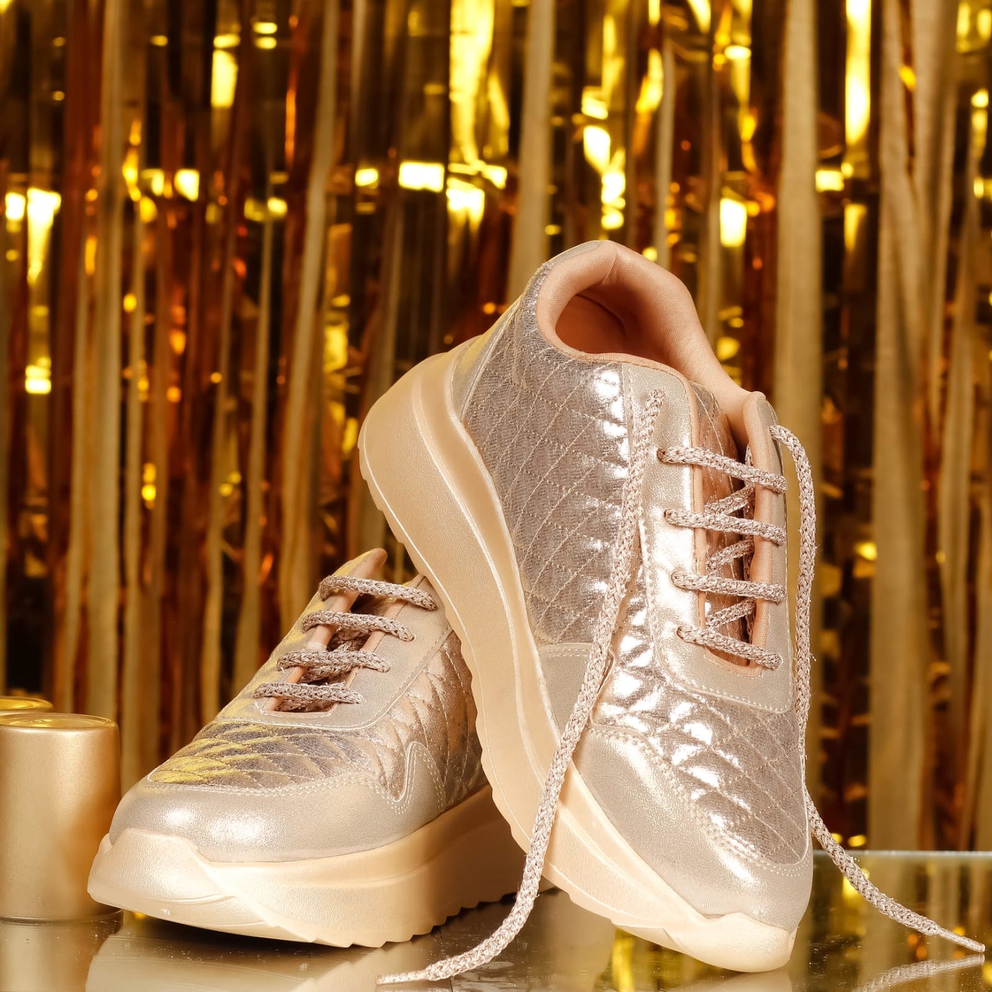 Sunlite Sparkler Rose Gold Quilted Sneakers pair against gold backdrop — metallic diamond quilt upper by 
Solemates by Palak