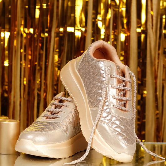 Sunlite Sparkler Rose Gold Quilted Sneakers pair against gold backdrop — metallic diamond quilt upper by 
Solemates by Palak