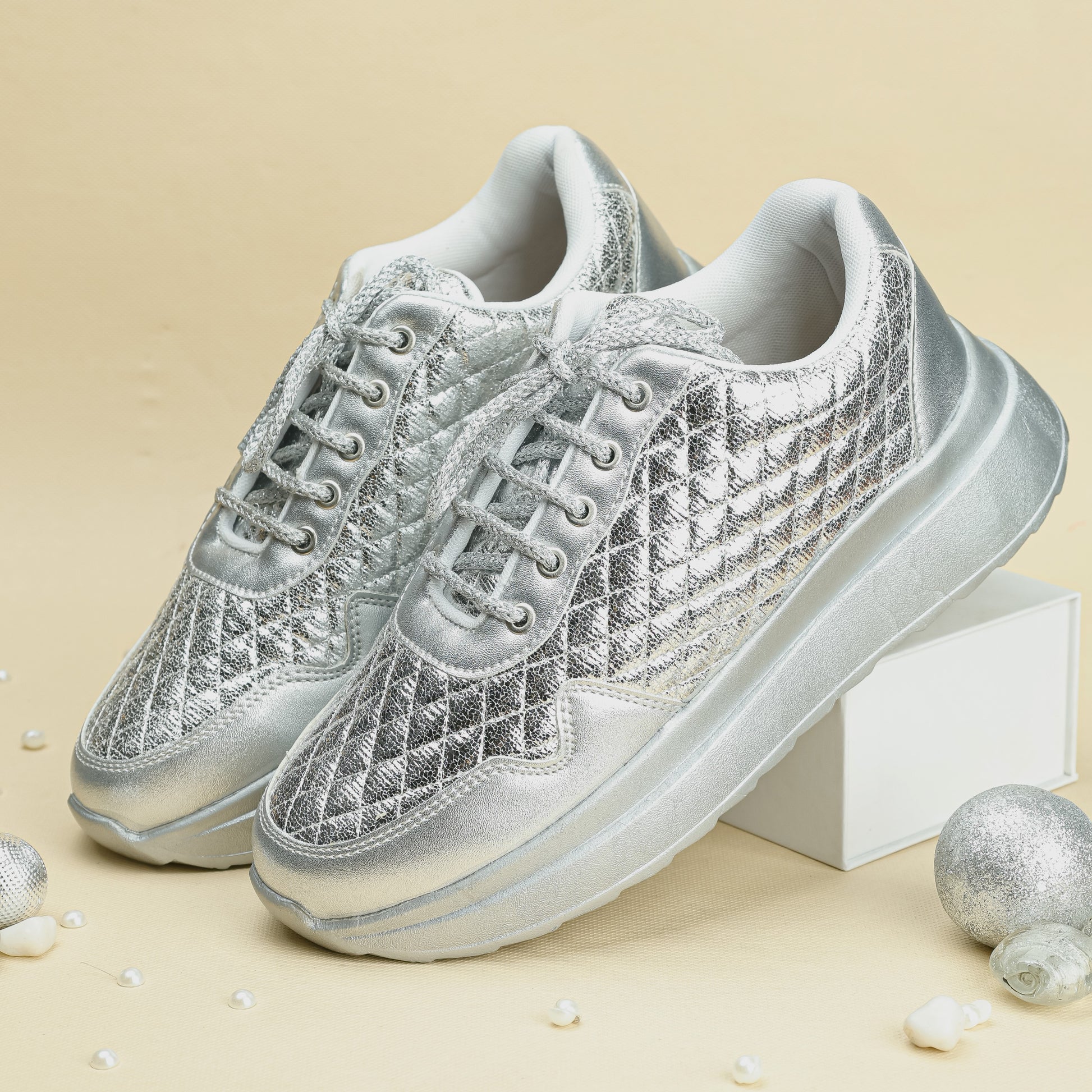 Moonlit Silver Quilted Sneakers front view — crinkled metallic diamond quilt upper by Solemates by Palak