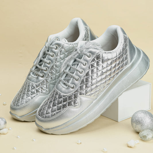 Moonlit Silver Quilted Sneakers front view — crinkled metallic diamond quilt upper by Solemates by Palak