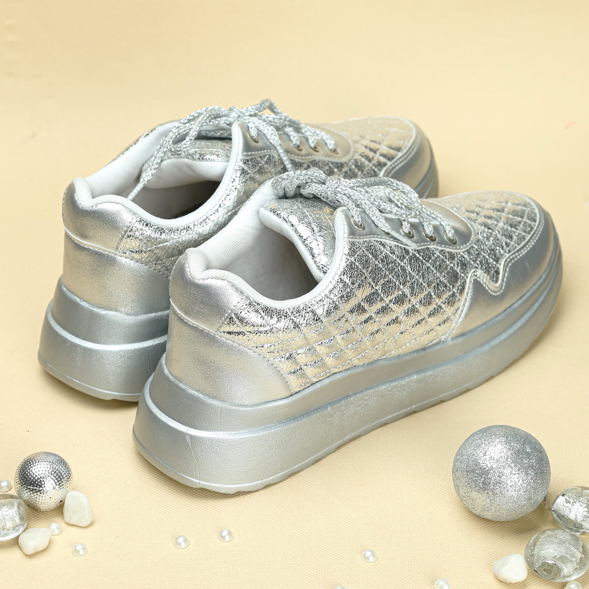 Moonlit Silver Quilted Sneakers back view — silver metallic quilted upper by Solemates by Palak