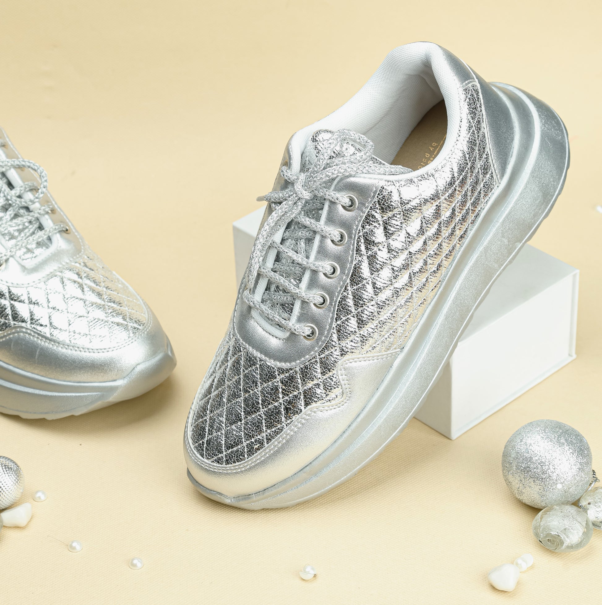 Moonlit Silver Quilted Sneaker side view — cushioned sneaker sole and metallic laces by Solemates by Palak