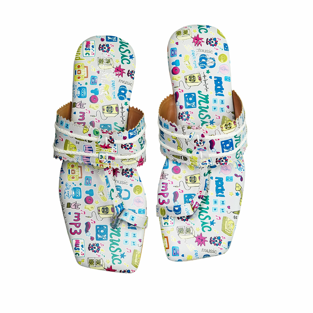 Melophile Kolhapuri Flats top view pair — white all-over music doodle print kolhapuri toe ring flats with rope cord detail by Solemates by Palak