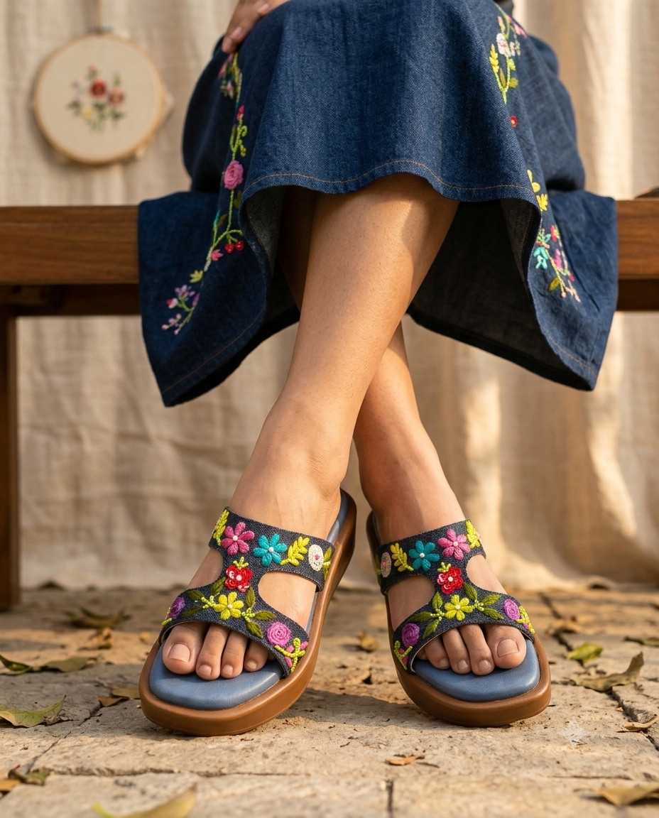 Sydney Blue Sliders worn with embroidered denim skirt outdoors — dark denim hand embroidered floral H-strap flatform sliders by Solemates by Palak