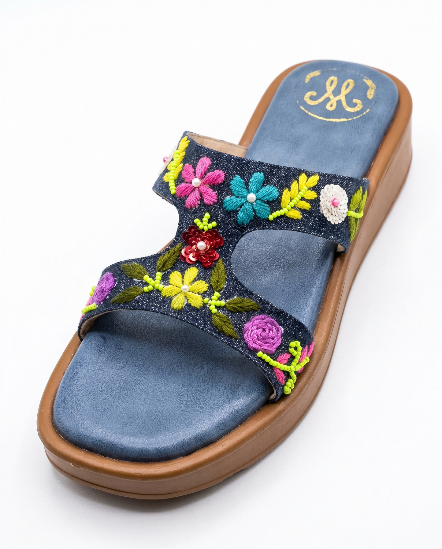 Sydney Blue Sliders front angled view — dark denim H-strap sliders with multicolour hand embroidered flowers, neon bead vines and pearl accents by Solemates by Palak