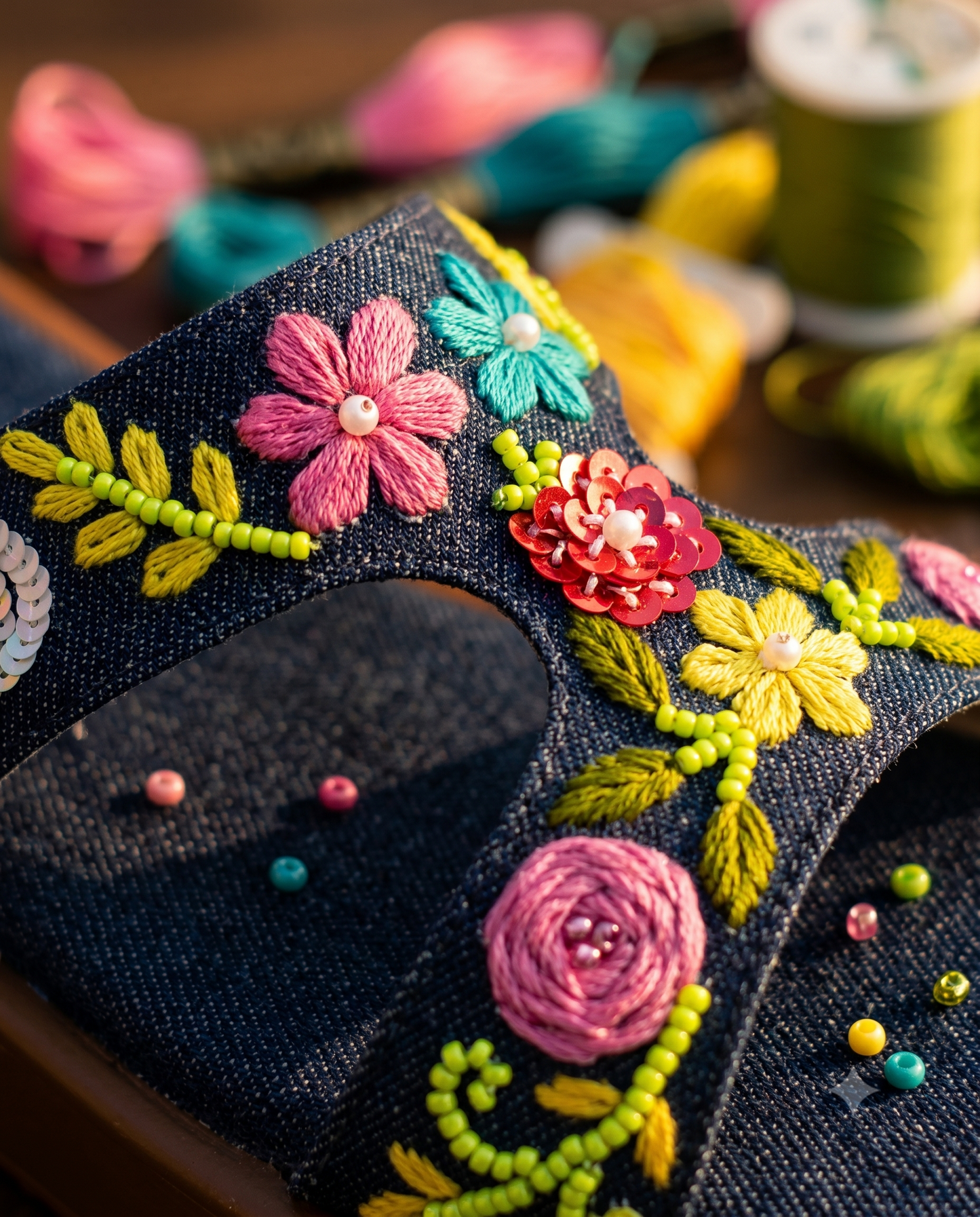 Sydney Blue Sliders embroidery close-up — hand-stitched pink roses, teal daisies, red sequin flower, neon bead vines and pearl accents on dark denim by Solemates by Palak
