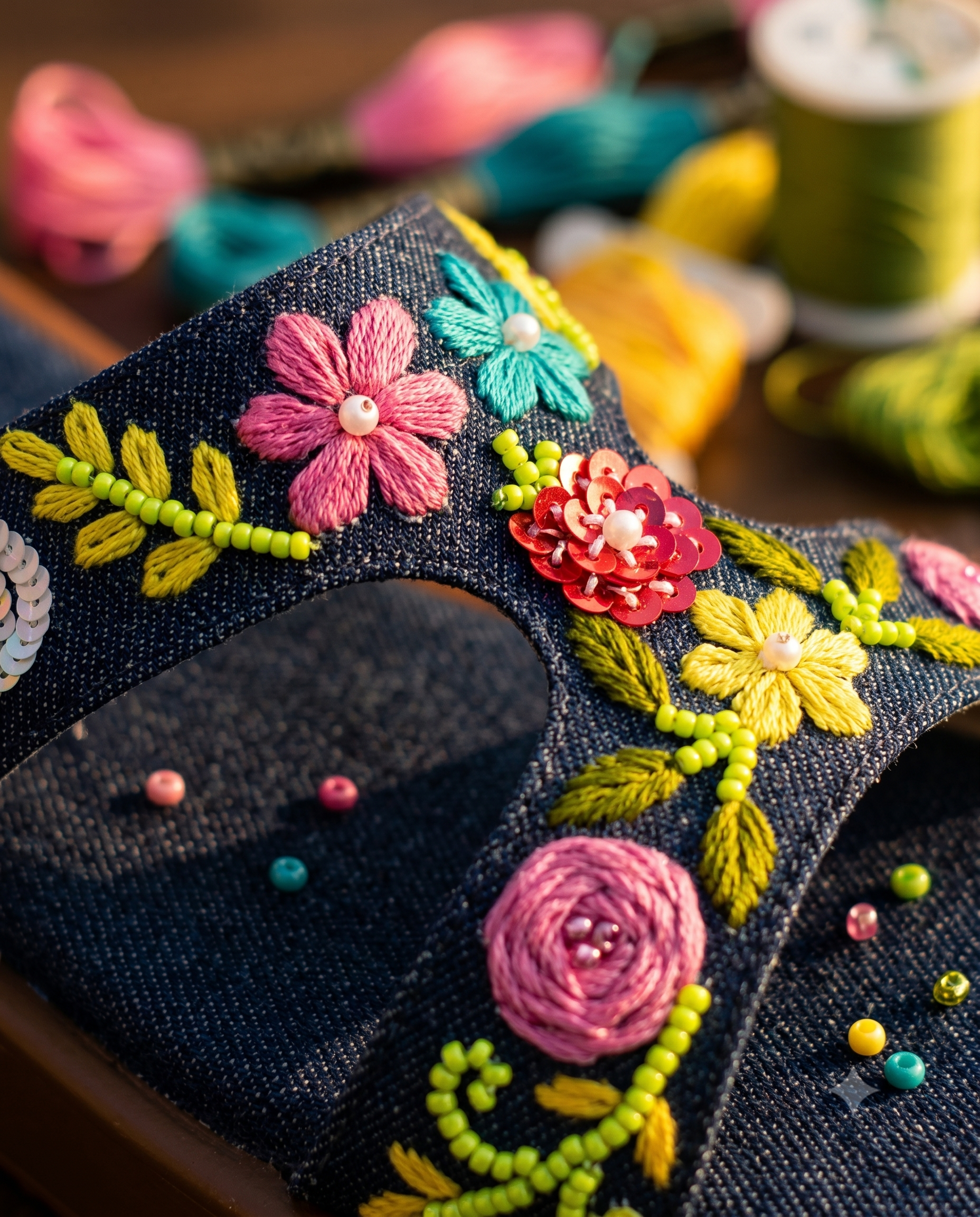 Sydney Blue Sliders embroidery close-up — hand-stitched pink roses, teal daisies, red sequin flower, neon bead vines and pearl accents on dark denim by Solemates by Palak