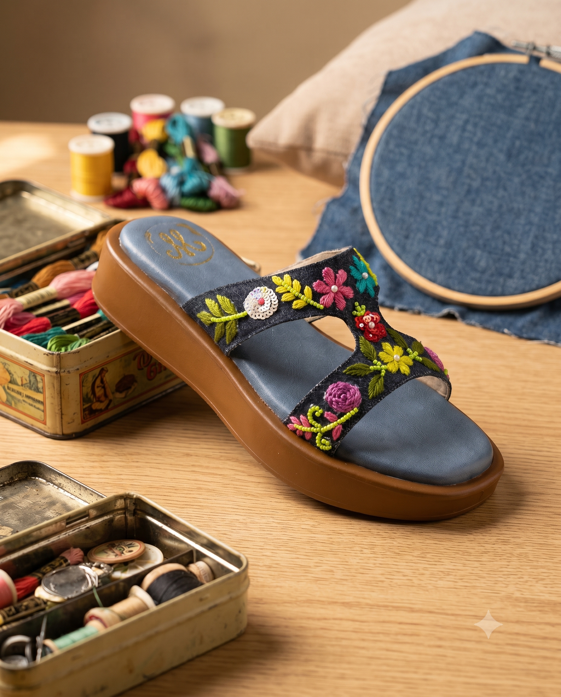 Sydney Blue Sliders side profile on wooden table with embroidery tools — dark denim floral embroidered flatform sliders by Solemates by Palak