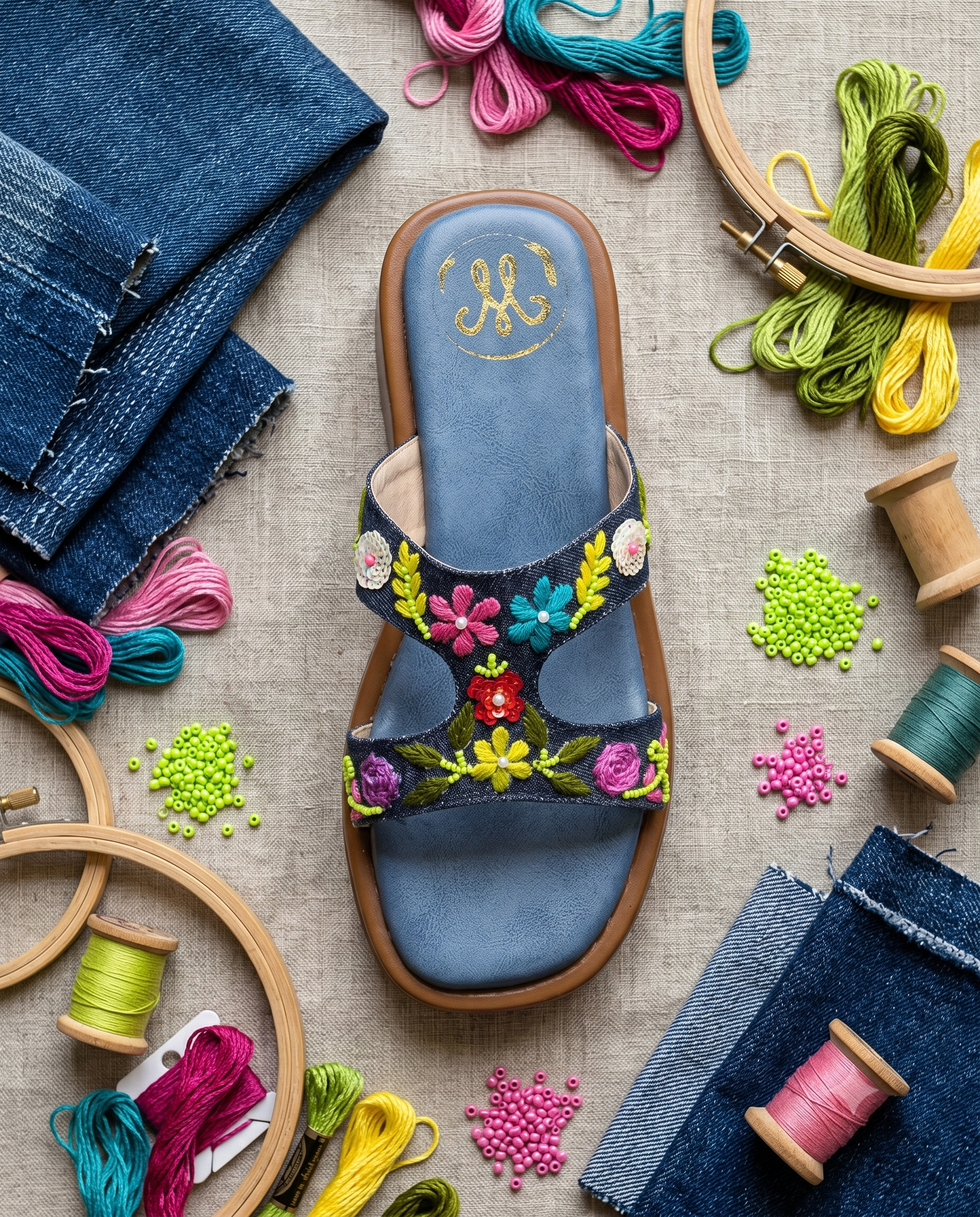 Sydney Blue Sliders top view with embroidery thread and seed beads — denim H-strap sliders with dense multicolour floral hand embroidery by Solemates by Palak