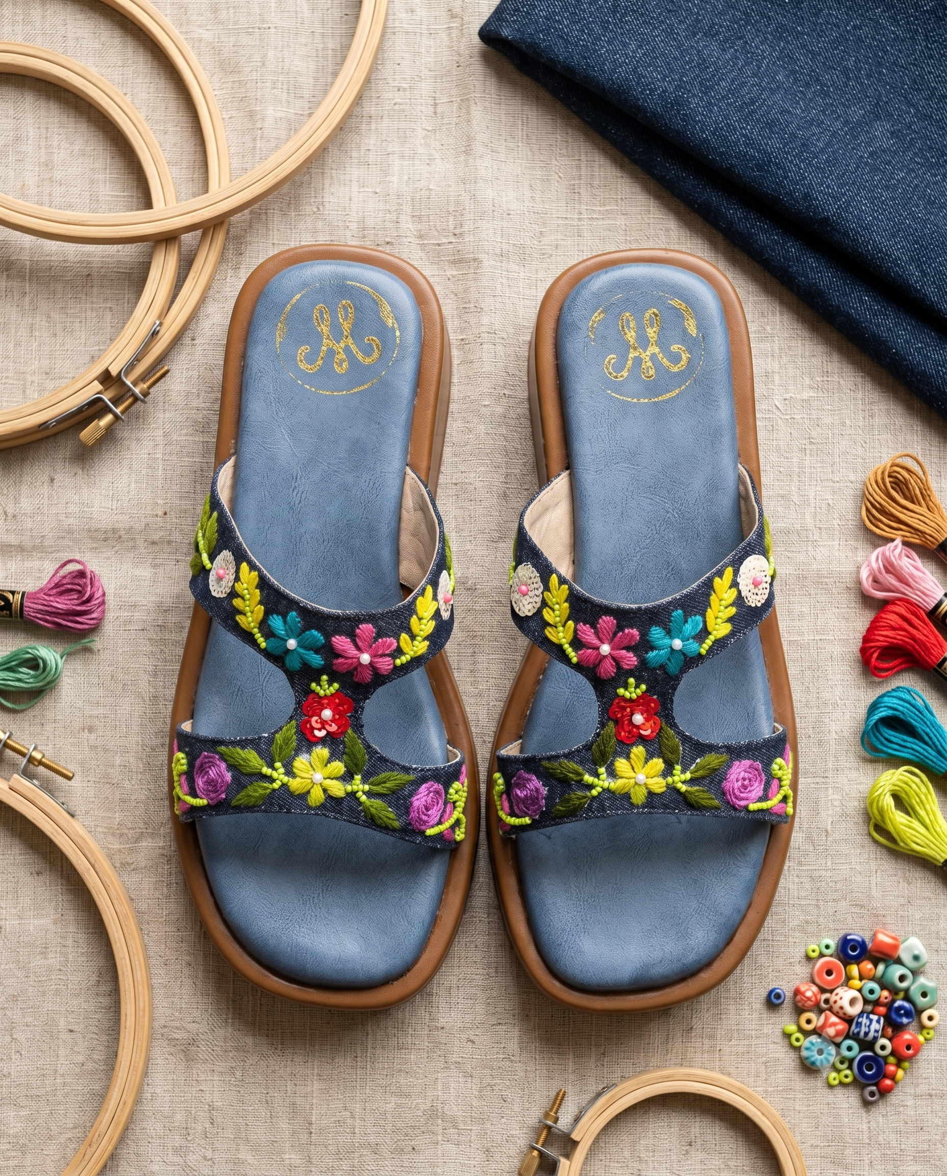 Sydney Blue Sliders flat lay with embroidery hoops and coloured thread — denim hand embroidered floral H-strap sliders by Solemates by Palak