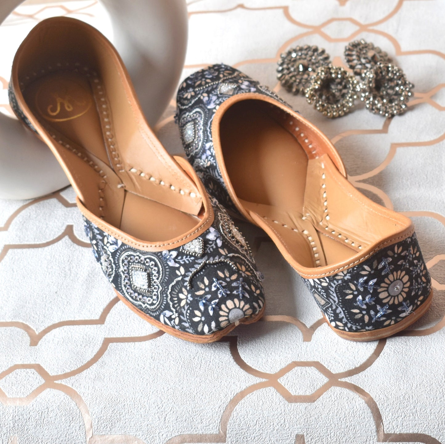 Handcrafted navy floral printed jutti with silver bead scalloped motifs — Monochrome Magic Jutti by Solemates by Palak